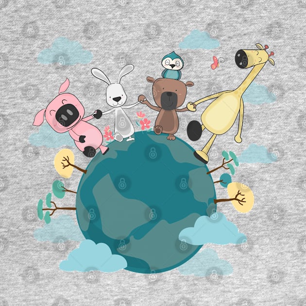 group animals holding hands on earth by Mako Design 